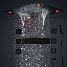 Ensemble de douche à effet pluie thermostatique de salle de bain 24 pouces Grand pommeau de douche à effet pluie Cascade Massage Misty Bath Système de robinet noir avec jets de corps de 4 pouces