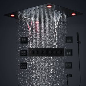 Bathroom 24inch Thermostatic Rain Shower Set Large LED Showerhead Rainfall Waterfall Massage Misty Bath Black Faucet System With 4 Inch Body Jets