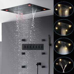 Accessoires de salle de bain Ensemble de douche noir 6 fonctions cascade de pluie brumeuse grande pomme de douche LED 600x800mm robinets mélangeurs thermostatiques jets de corps de massage