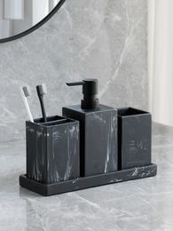 Accesorios de baño Dispensador de jabón y loción con patrón de mármol completo, soporte para cepillo de dientes, bandeja para vaso, material de resina, blanco y negro 240223