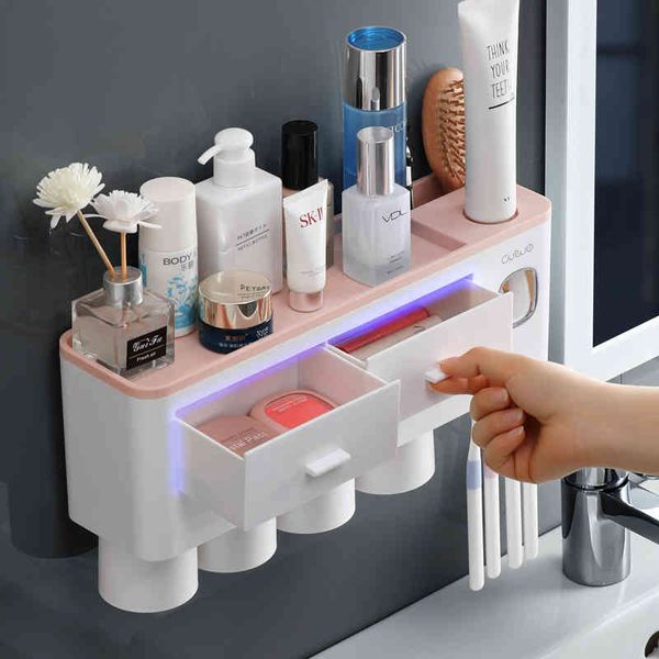Accessoires de salle de bain organisateur ensemble distributeur automatique de dentifrice support mural porte-brosse à dents articles de toilette support de rangement 210322