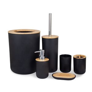 Badkameraccessoires Set 6 stuks Bamboo Room Set Tandborstel Holder Soap Dispenser Toiletborstel Prullenbak Can Essential Set 220624