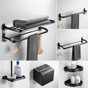 Badkameraccessoires Zet zwart aluminium handdoekrek papier/toiletborstel/haardroger houder tissuebox coner plank badhardware