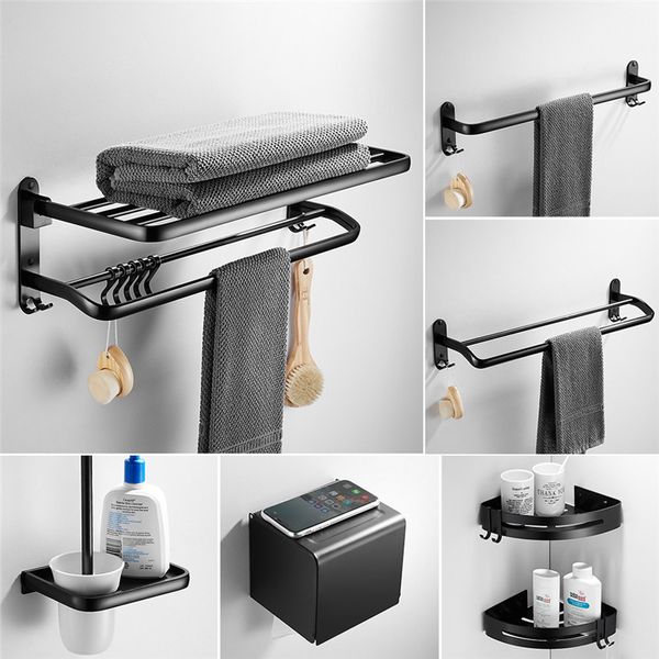 Accesorios de baño Juego de toalla de aluminio negro Papel/cepillo para el inodoro/Secador de cabello Caja de pañuelos