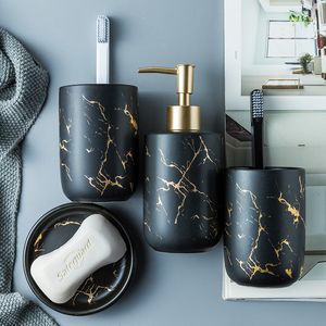 Badkameraccessoires Set Zwart Gold Marble Badkamer Set met tandenborstel Holder Lotion Dispenser Soap Dish Tumbler Home Organizer 220624