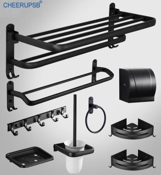 Accesorios de baño Juego de hardware negro mate toallero para la toalla de jabón espacio de aluminio secador de cabello de aluminio náitelo kit de estante de cepillo para el baño T7004109