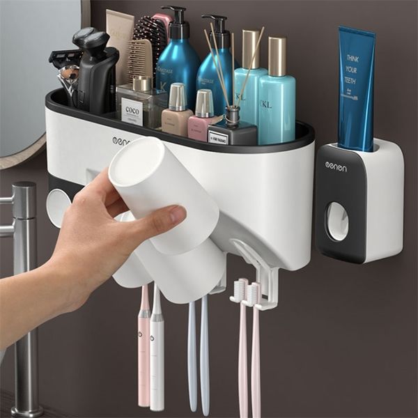 Accessoires de salle de bain Set Porte-brosse à dents Dispositif de dentifrice avec tasse murale pour articles de toilette Boîte de rangement cosmétique 210423