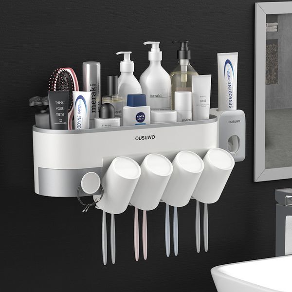 Ensembles d'accessoires de salle de bain Porte-brosse à dents magnétique avec tasse Distributeur de dentifrice Articles de toilette Rack de stockage Dentifrice Squeezer 210322