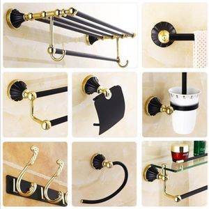 Badkameraccessoires Zinklegering zwarte gouden afwerking Handdoekring Robe Hook Toiletborstelhouder Handdoekstang Badkamerset Papierhouder T202304