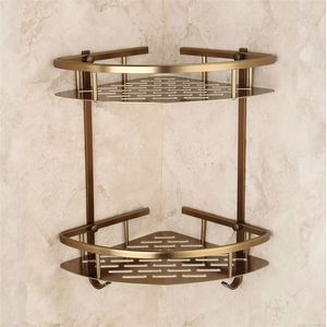 Cuarto de baño Estante de bronce antiguo Esquina de dos capas Cesta de aluminio Ducha Caddy Secador de pelo Titular etagere salle de bain murale tipi Y200407