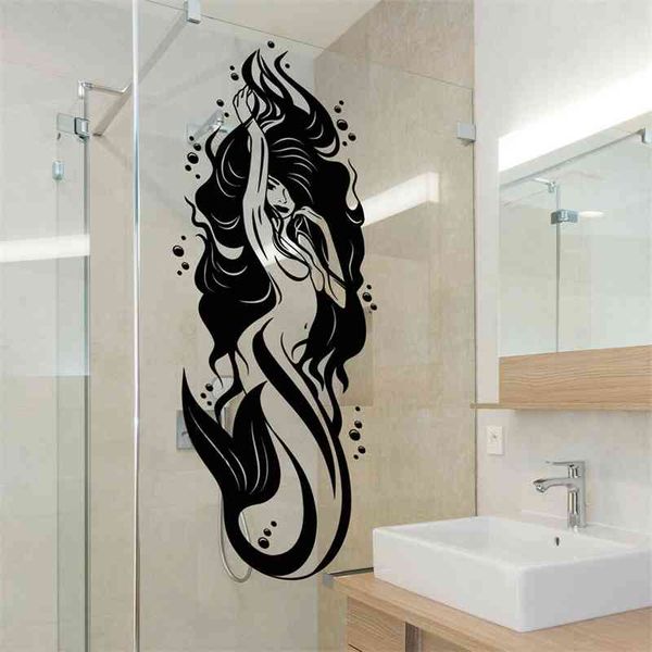 Calcomanía de pared de baño para baño vinilo Sexy sirena desnuda chica decoración de baño pegatinas de pared puerta de vidrio impermeable decoración de pared Z461 210615