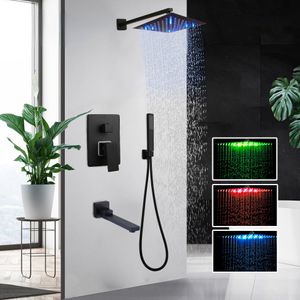 Badkamer Zwarte Kleur Douche Kraan Set Kits Regenval Bad LED Bad Regen Vierkante Douchekop Draaibare Uitloop Douche Set