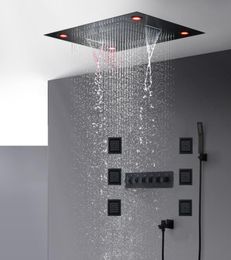 Salle de bain noir ensemble de douche robinets thermostatiques de luxe moderne grand plafond LED cascade pomme de douche à effet de pluie 600x800mmbody massag6149583