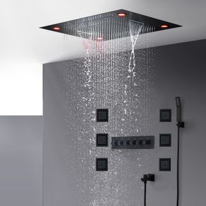 Badkamer Zwart Douche Set Luxe Thermostatische Kranen Moderne Grote LED Plafond Waterval Regenval Douchekop 600x800mm + Body Massage Jets