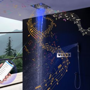 Salle de bains Bluetooth Musique Ensemble de douche Plafond Coloré LED Panneaux aériens Pluie Cascade Pomme de douche Mitigeur thermostatique Inverseur Robinets