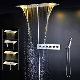 Badkamer Plafond LED Douche Set Ingebed Gemonteerd Neerslag Waterval Massage Grote Douchekop Panel Thermostatische Mengkraan Faucets207P