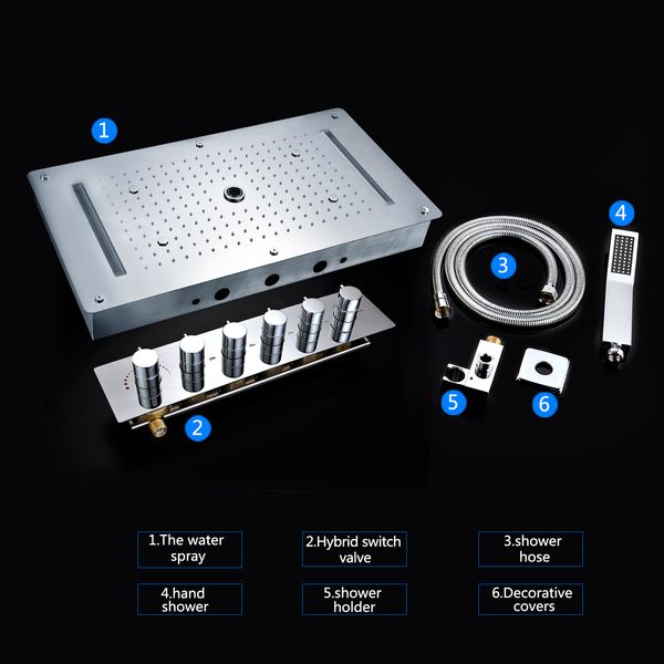 Ensemble de douche à LED au plafond de la salle de bains, ensemble de douche intégré, cascade de pluie, Massage, grand panneau de pomme de douche, mitigeur thermostatique, robinets 282k