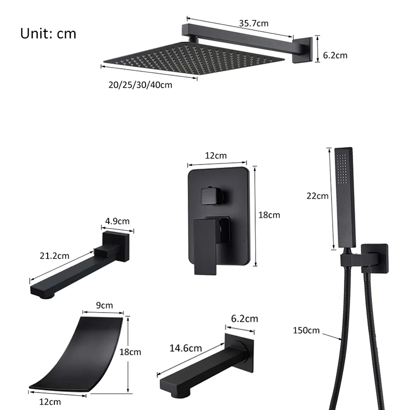 Bathroom Concealed Matte Black Shower Faucets Set Rain Waterfall Shower System Wall Mount Rotable Spout Bathtub Shower Mixer Set