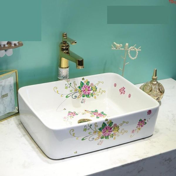Salle de bain Comptoir Lavabo Vestiaire Peint à la main Lavabo Lavabo Lavabo design lavabo rectangulairebonne qté Qlqch