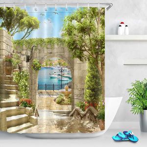 Salle de bain Décor Rideaux en tissu Rideau de douche imperméable Set Polyester Accessoire de bain Arche antique avec vue sur la mer et la jetée 210609