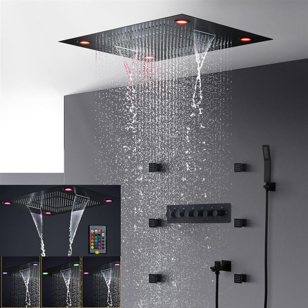 ensemble de douche à led électrique de salle de bain plafond dissimulé noir mat grande pomme de douche à effet pluie cascade jets de corps douche de massage de 2 pouces216b