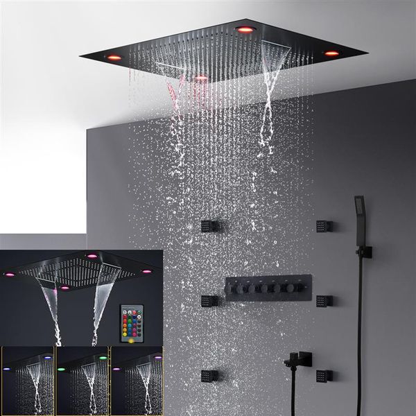 ensemble de douche led électrique de salle de bain plafond caché noir mat grande pomme de douche pluie jets de corps cascade 2 pouces douche de massage3256