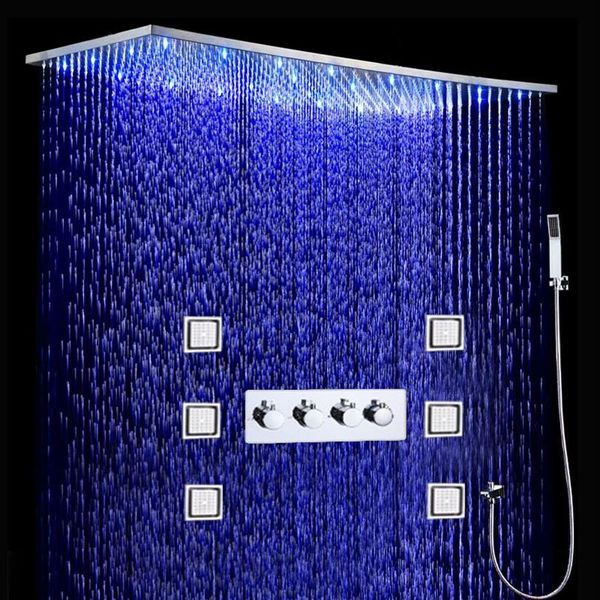 Salle de bains LED ensemble de douche 500x1000MM plafond grand panneau de pomme de douche de pluie robinets de douche thermostatiques avec Massage corps Jets2839