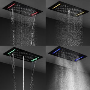 Sistema de ducha LED de baño grifos negros negros negro Conjunto termostático grande 700*380 mm Panel de cabeza de ducha de lluvia con masaje Jet de carrocería