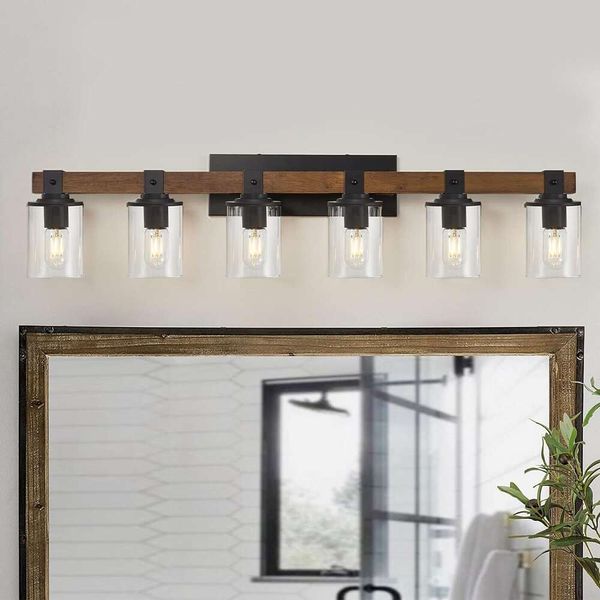 Lumières de salle de bain au-dessus du miroir - luminaire de vanité rustique à 6 lumière avec nuance en verre transparent pour le salon, chambre, cuisine - Éclairage mural intérieur
