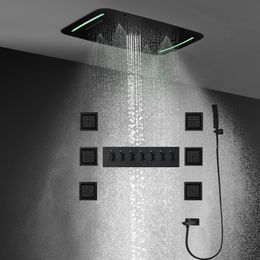 Juego de ducha LED grande de 6 funciones de lujo para baño, sistema de cabezal de ducha tipo cascada, grifos negros termostáticos, chorro corporal de masaje