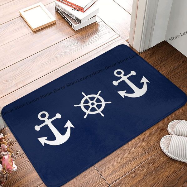 Salle de bain Mat nautique des ancres et roues bleu marine blanche nautique paillasson tapis de tapis de tapis de tapis de tapis décor