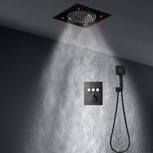 Ensemble de douche noir mat de salle de bain 304 pommeau de douche LED à brouillard de pluie en acier inoxydable avec robinets mitigeurs thermostatiques à bouton