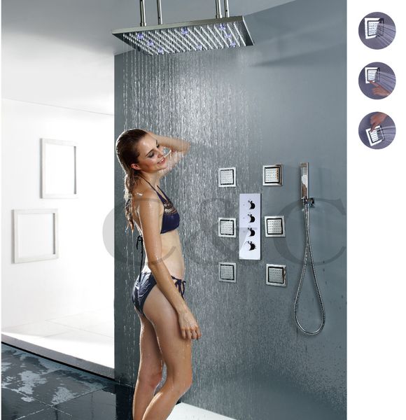 Ensemble de robinets de douche à effet pluie, salle de bains, pomme de douche sensible à la température LED de 20 pouces, grand débit d'eau, Valve 008-20L-6MF