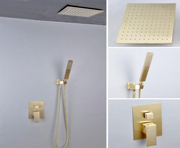 Kit de douche à effet de pluie pour salle de bain, 200, 250, 300 mm, couleur dorée, pomme de douche de tête montée au plafond, ensemble de douche à 2 voies dissimulées dans le mur6658915
