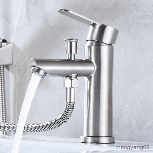 Robinet de lavabo de salle de bain avec poignée en acier inoxydable Robinets d'évier Mélangeur d'eau froide et d'eau Robinet de baignoire avec ensemble de douche R230804