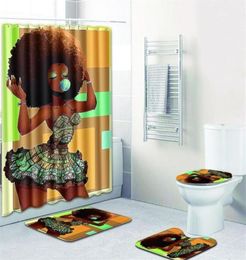 Juegos de baño, alfombra, cortina de ducha, mujer africana, funda para asiento de inodoro, alfombra antideslizante para baño y cortina de ducha 224S9950145
