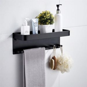 Badkamerplank Aluminium Zwart Hoekplank Vierkant Bad Douche Plank Wandgemonteerd Opbergrek met Haken en Handdoek Bar226B