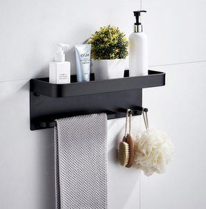Étagère de salle de bain en aluminium d'angle noir étagère carrée de bain carré de douche étagère mural rangement de rangement en rangement avec crochets et serviette bar5691755