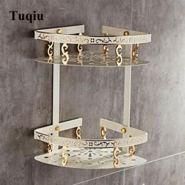 Estante de baño, estante esquinero de aluminio, soporte para jabón, baño, ducha, soporte para champú, montado en la pared, tallado en blanco y dorado, 226w