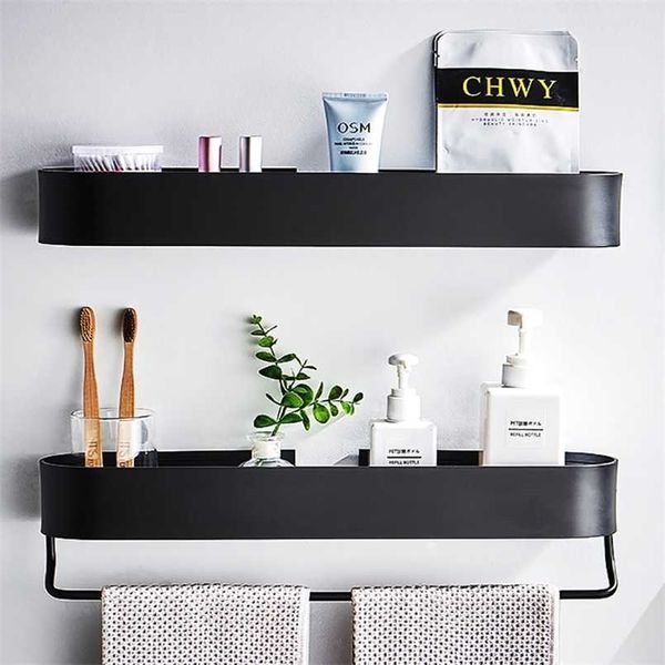 Étagère de salle de bain étagère murale étagères porte-serviettes de bain panier de rangement de douche noir accessoires d'organisateur de cuisine 211112