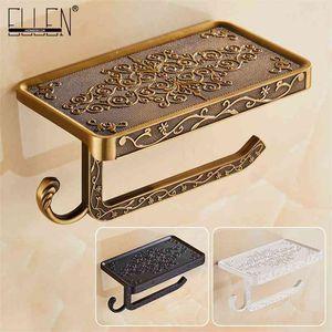 Bathroom Shelves Antique Bronze Carving Toilet Roll Paper Rack with Phone Shelf Wall Mounted Holder E654 210720