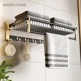 Estantes de baño Toallero de baño Estante sin taladro Estante para toallas Plegable Aluminio Montado en la pared Ducha Ropa Champú Estante de almacenamiento Accesorios 231124