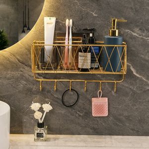 Badkamer planken luxe gouden badkamerplank zonder te boren metalen douche opslagmand met haak tandenborstel shampoo houder badkamer accessoires 230303