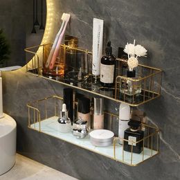 Étagères de salle de bains, étagère de luxe sans perçage, mur en fer avec plaque de verre de style marbre, support de rangement de maquillage, accessoires 230830