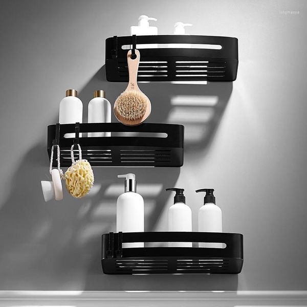 Etagères de salle de bain, espace étagère en aluminium, accessoire noir, étagère d'angle de douche, support de rangement de shampoing, porte-panier A08-625