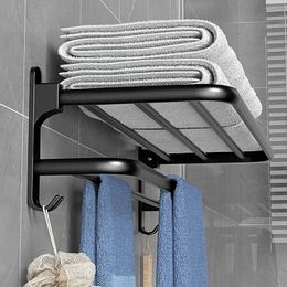 Bathroom Shelves Towel Rack Punch Free Folding Holder Towel Hanger Bathroom Accessories Wall Mount Shower Hanger With Hook Black Bathroom Shelf 231030