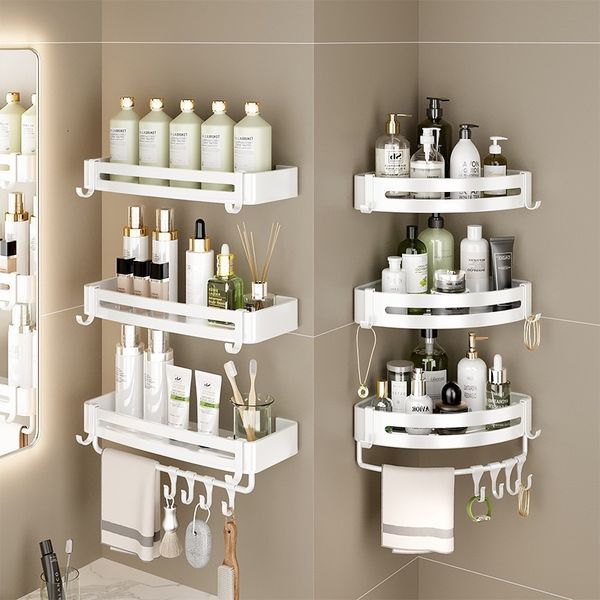 Étagères de salle de bain serviette blanche Rack de rangement de douche étagères d'angle noir