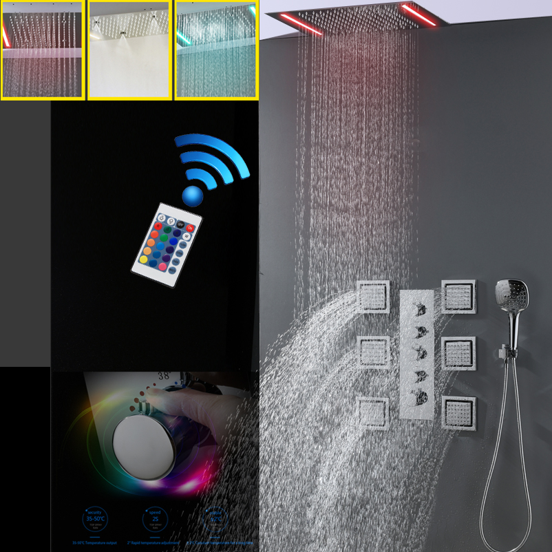 Bathroom Shower Combo Faucet Mixer Set Large Water Flow Shower Valve Rain Waterfall LED Shower Head