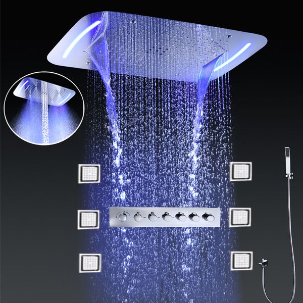 Sistema de grifos de ducha de baño SPA Misty Waterfall Rainfall ShowerHead Mezclador termostático LED Ducha de lluvia con masaje Body Jets Set