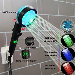 Cabeças de chuveiro de banheiro 3/7 cores mudanças de temperatura display led cabeça de chuveiro turbo ventilador hélice chuveiro filtrado uma chave parada acessórios de banheiro 231102